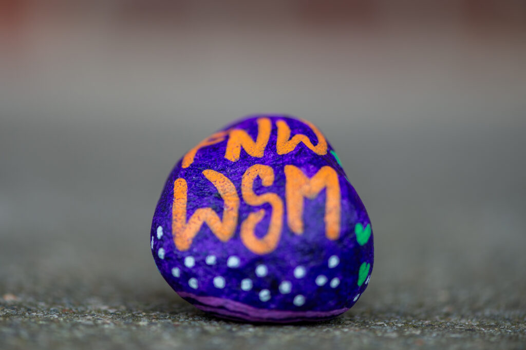 Lila bemalter Stein mit Schrift in orange FNW WSM